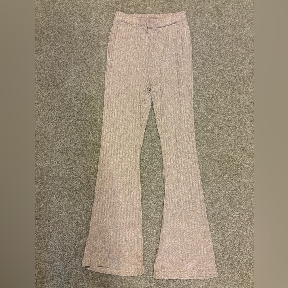 Beige Ribbed Flare Pants
